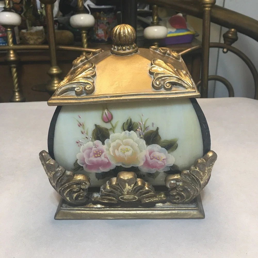 VTG Storage Box Or Tea Lite Holder With Handpainted Roses Cottage Shabby Chic